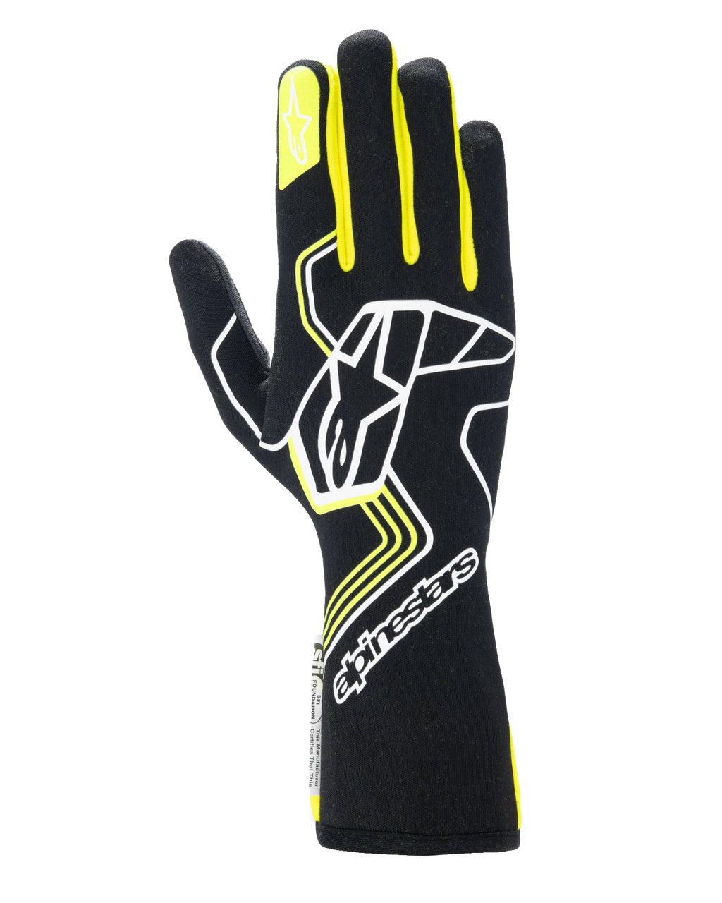 Guantes Alpinestars Tech-1 Race V4, guantes de carreras para automovilismo, negros con detalles en amarillo flúor y blanco, con un gran logotipo de estrella en el dorso y una estrella más pequeña en el dedo índice, diseño estilizado con patrones geométricos y puño largo tipo guantelete
