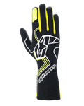 Guantes Alpinestars Tech-1 Race V4, guantes de carreras para automovilismo, negros con detalles en amarillo flúor y blanco, con un gran logotipo de estrella en el dorso y una estrella más pequeña en el dedo índice, diseño estilizado con patrones geométricos y puño largo tipo guantelete