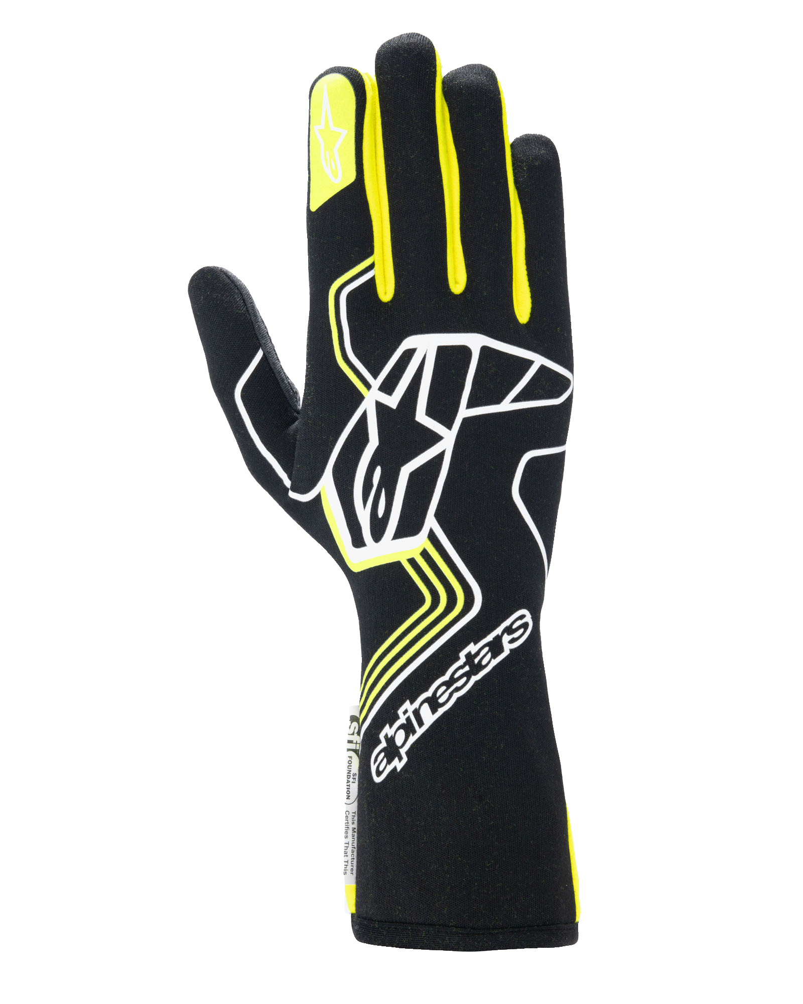 Guantes Alpinestars Tech-1 Race V4, guantes de carreras para automovilismo, negros con detalles en amarillo flúor y blanco, con un gran logotipo de estrella en el dorso y una estrella más pequeña en el dedo índice, diseño estilizado con patrones geométricos y puño largo tipo guantelete
