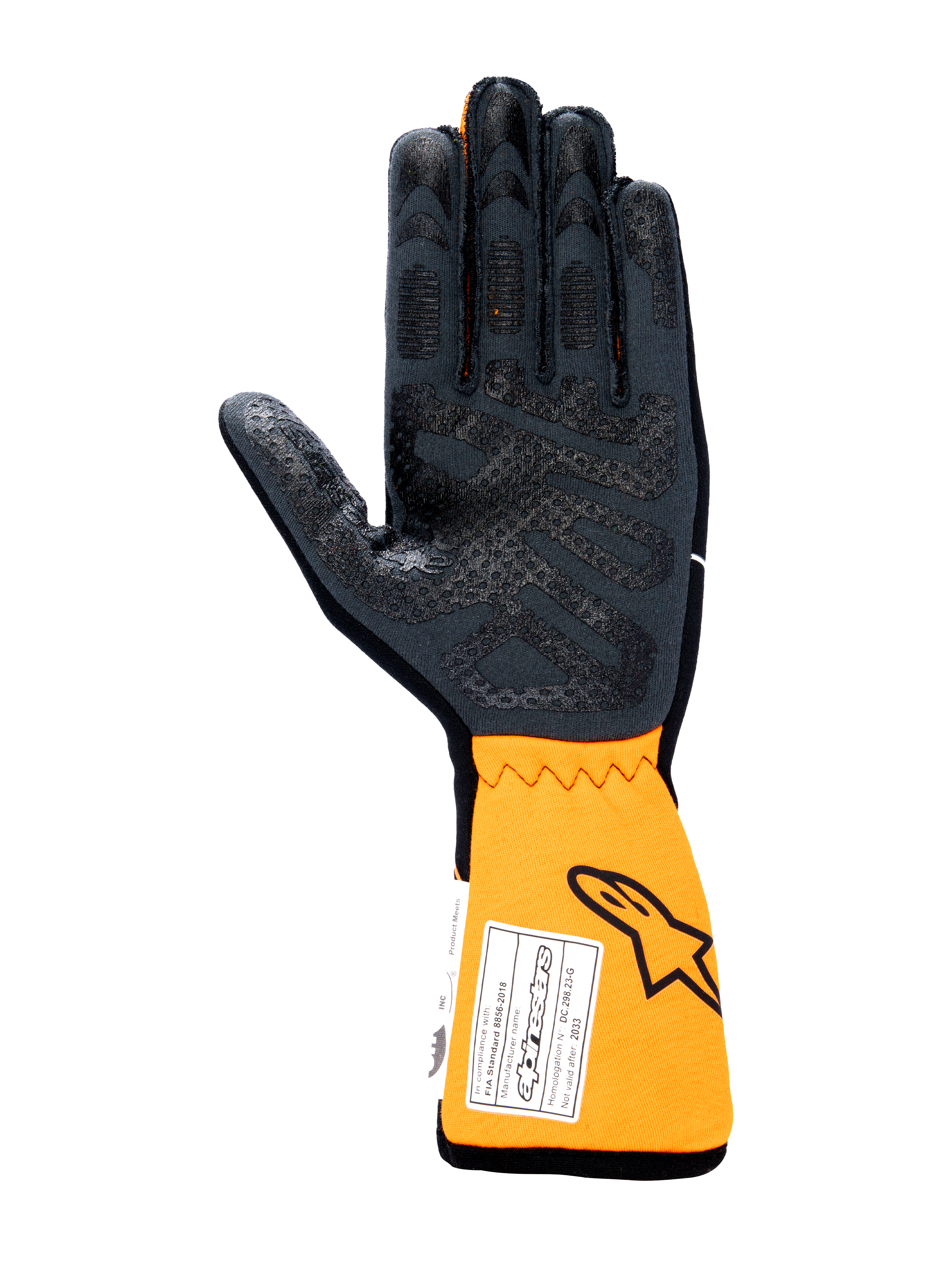 Guantes Alpinestars Tech-1 Race V4, guantes de automovilismo, vista de la palma en color negro y naranja flúor, con patrón de agarre de silicona en la palma y los dedos, puño naranja extendido con etiqueta de homologación FIA y logotipo de Astars