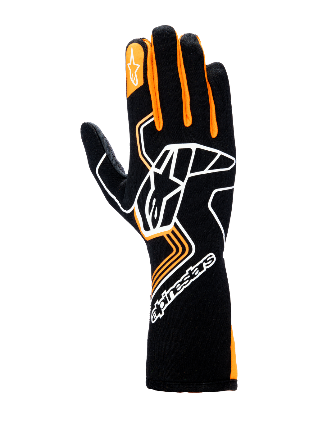 Guantes Alpinestars Tech-1 Race V4, guantes de automovilismo, negro y naranja fluorescente, con un gran logotipo Astar blanco en el dorso de la mano, detalles naranjas en los dedos y diseño de puño largo para protección profesional en el automovilismo