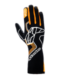 Guantes Alpinestars Tech-1 Race V4, guantes de automovilismo, negro y naranja fluorescente, con un gran logotipo Astar blanco en el dorso de la mano, detalles naranjas en los dedos y diseño de puño largo para protección profesional en el automovilismo