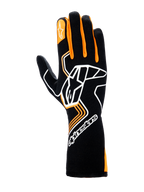 Guantes Alpinestars Tech-1 Race V4, guantes de automovilismo, negro y naranja fluorescente, con un gran logotipo Astar blanco en el dorso de la mano, detalles naranjas en los dedos y diseño de puño largo para protección profesional en el automovilismo