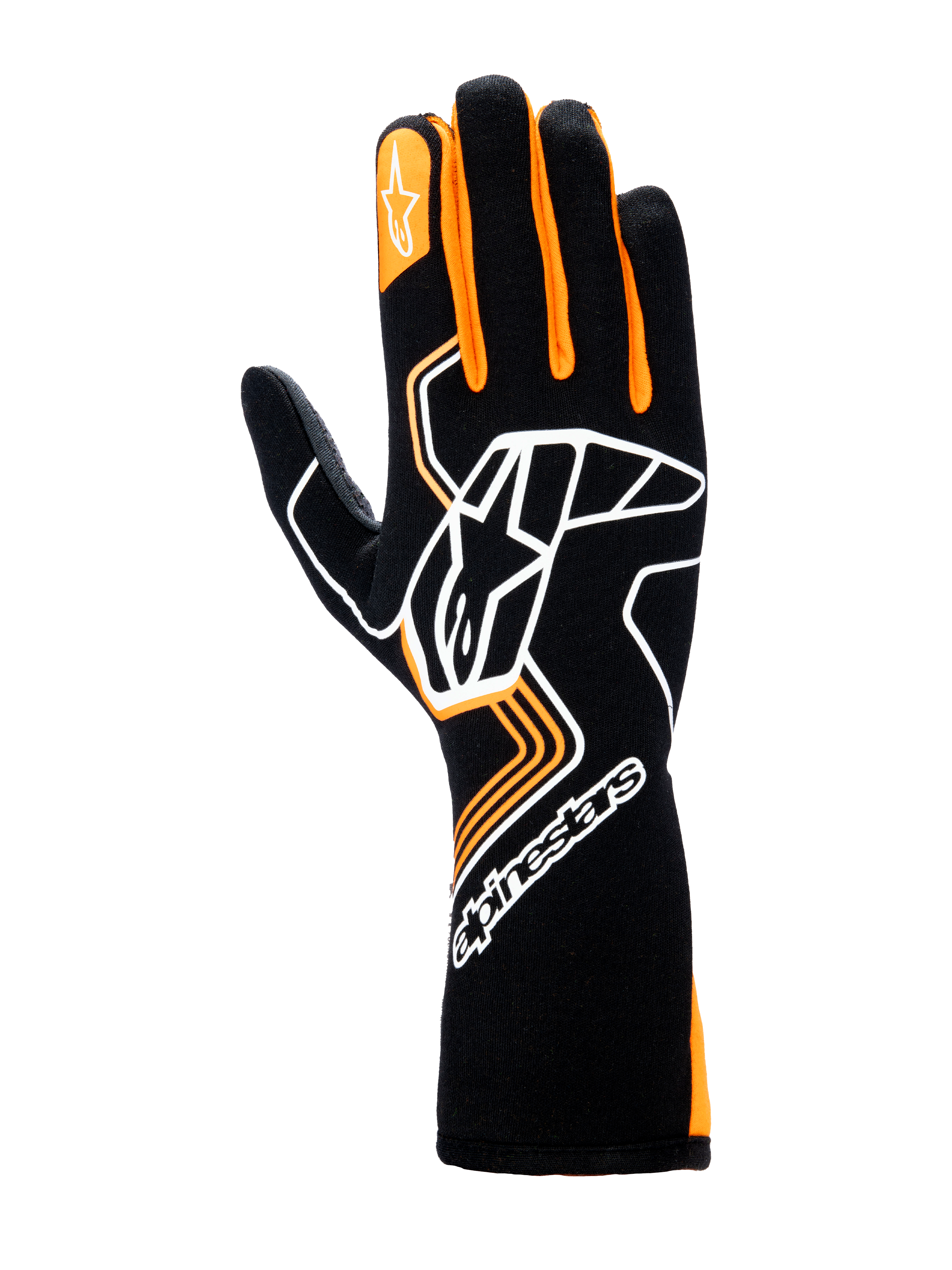 Guantes Alpinestars Tech-1 Race V4, guantes de automovilismo, negro y naranja fluorescente, con un gran logotipo Astar blanco en el dorso de la mano, detalles naranjas en los dedos y diseño de puño largo para protección profesional en el automovilismo