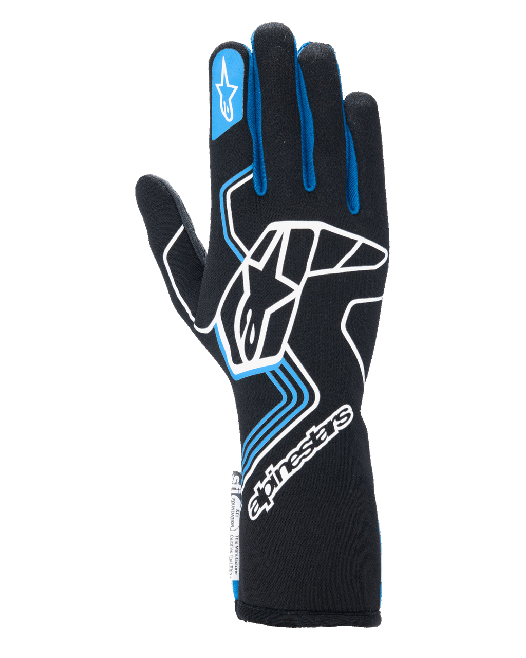 Guantes Alpinestars Tech-1 Race V4, guantes de carreras para automovilismo, negros con detalles en azul y blanco, con un gran logotipo blanco en el dorso, ribetes azules en los dedos y puño de guantelete extendido, diseño profesional resistente a las llamas para automovilismo