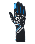Guantes Alpinestars Tech-1 Race V4, guantes de carreras para automovilismo, negros con detalles en azul y blanco, con un gran logotipo blanco en el dorso, ribetes azules en los dedos y puño de guantelete extendido, diseño profesional resistente a las llamas para automovilismo