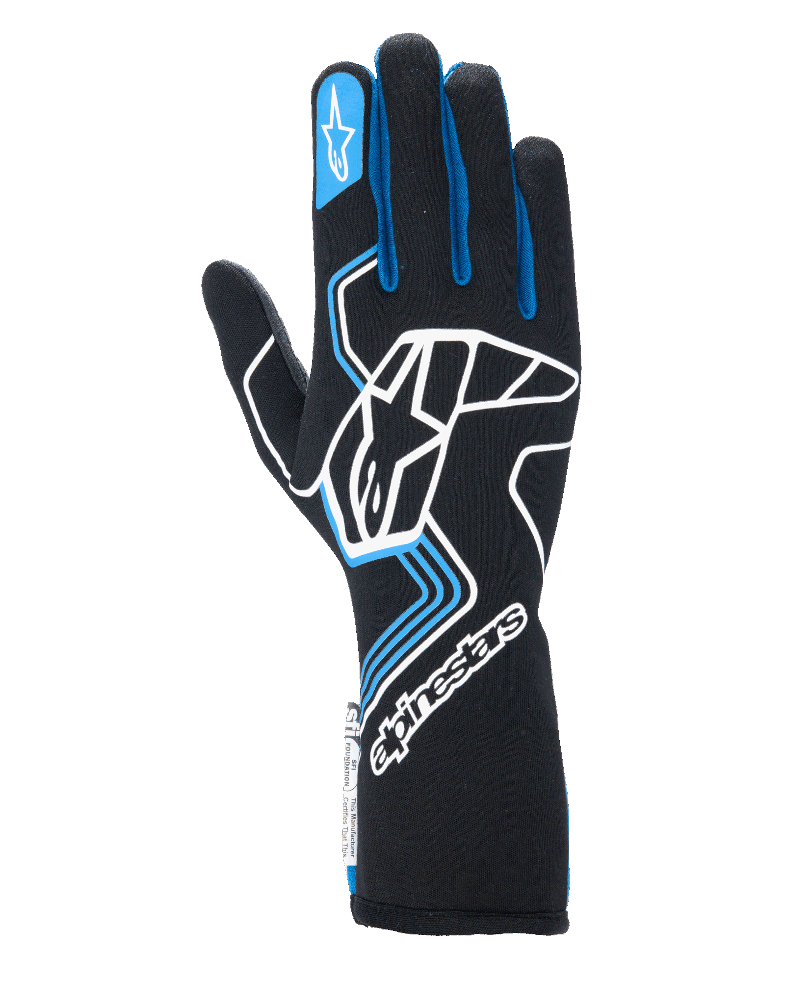 Guantes Alpinestars Tech-1 Race V4, guantes de carreras para automovilismo, negros con detalles en azul y blanco, con un gran logotipo blanco en el dorso, ribetes azules en los dedos y puño de guantelete extendido, diseño profesional resistente a las llamas para automovilismo