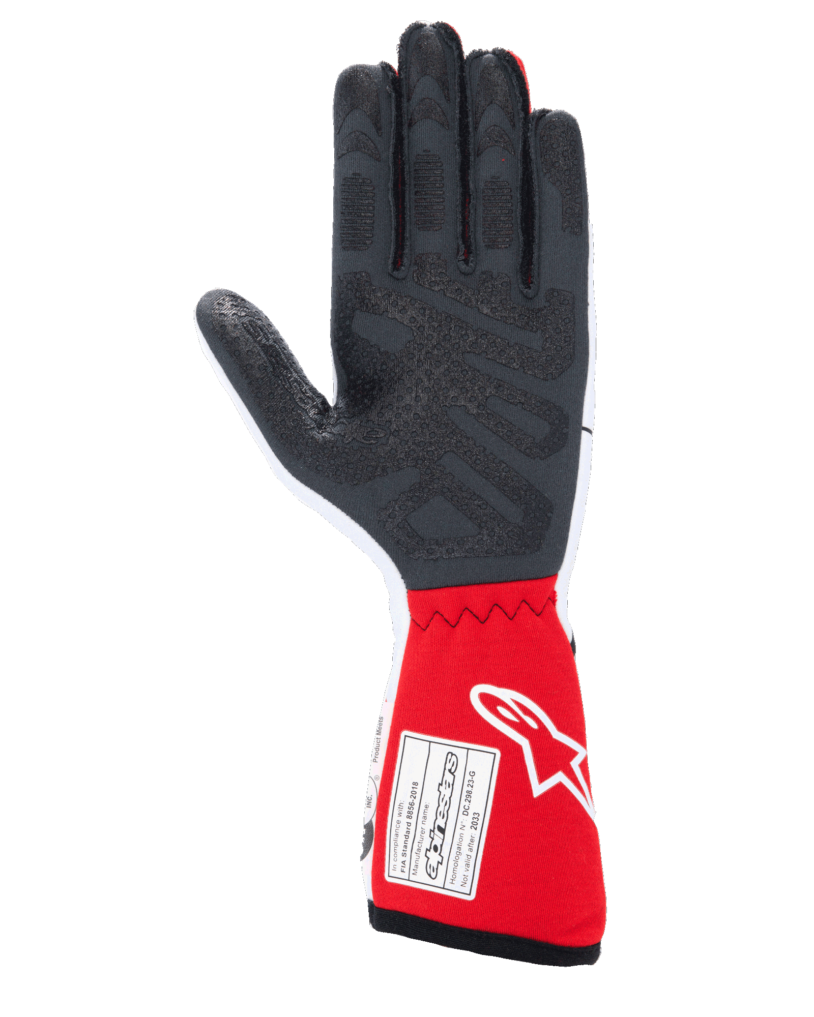 Guantes Alpinestars Tech-1 Race V4, guantes de automovilismo, blanco y rojo, vista de la palma con patrones de agarre de silicona negra texturizada y etiqueta de certificación FIA 8856-2018 en el puño largo rojo, equipamiento profesional para deportes de motor
