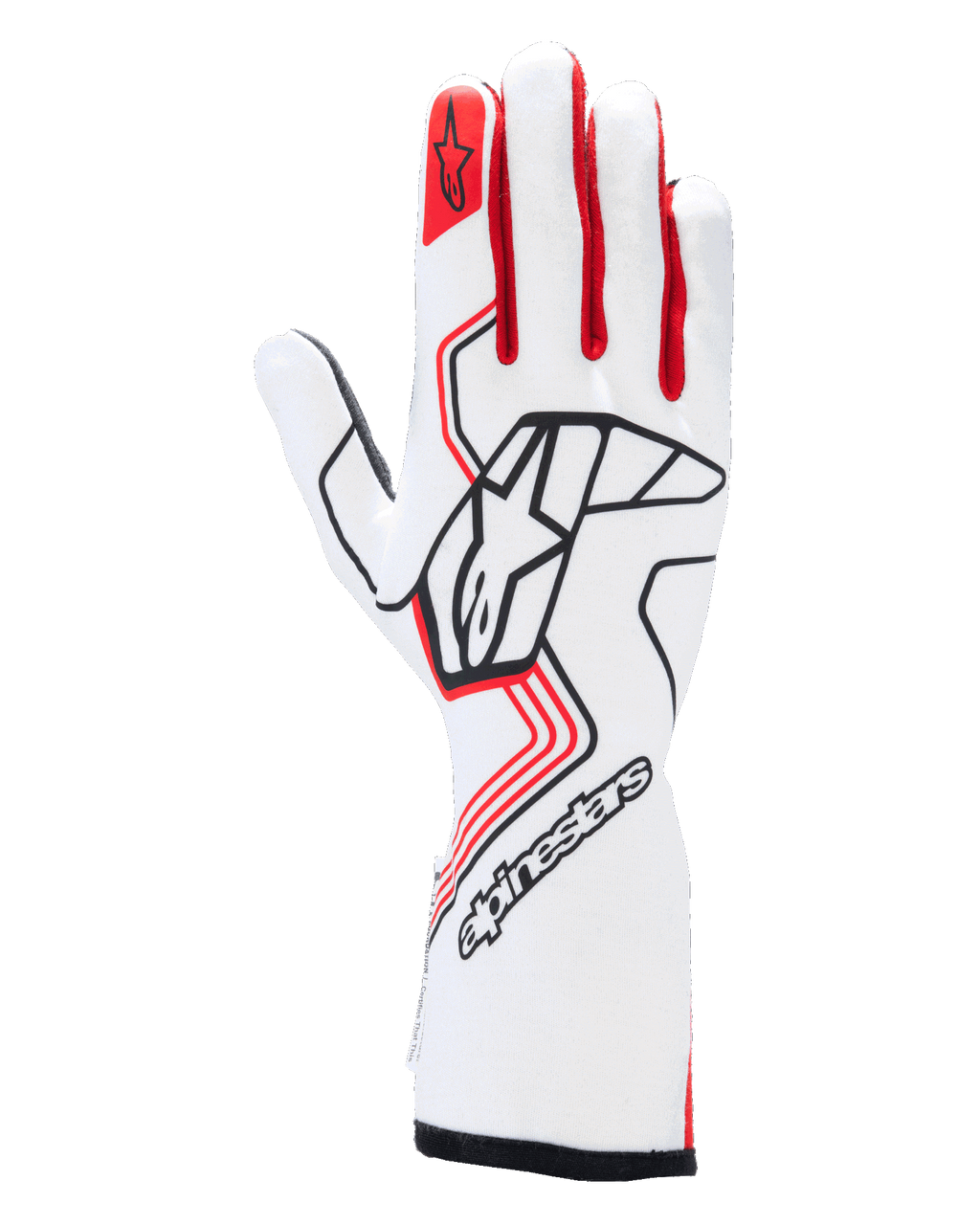 Guantes Alpinestars Tech-1 Race V4, guantes de automovilismo, blancos y rojos con detalles en negro, con un llamativo logotipo de Alpinestars en el dorso de la mano, emblema de estrella roja en el dedo índice y diseño de puño largo profesional