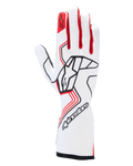 Guantes Alpinestars Tech-1 Race V4, guantes de automovilismo, blancos y rojos con detalles en negro, con un llamativo logotipo de Alpinestars en el dorso de la mano, emblema de estrella roja en el dedo índice y diseño de puño largo profesional