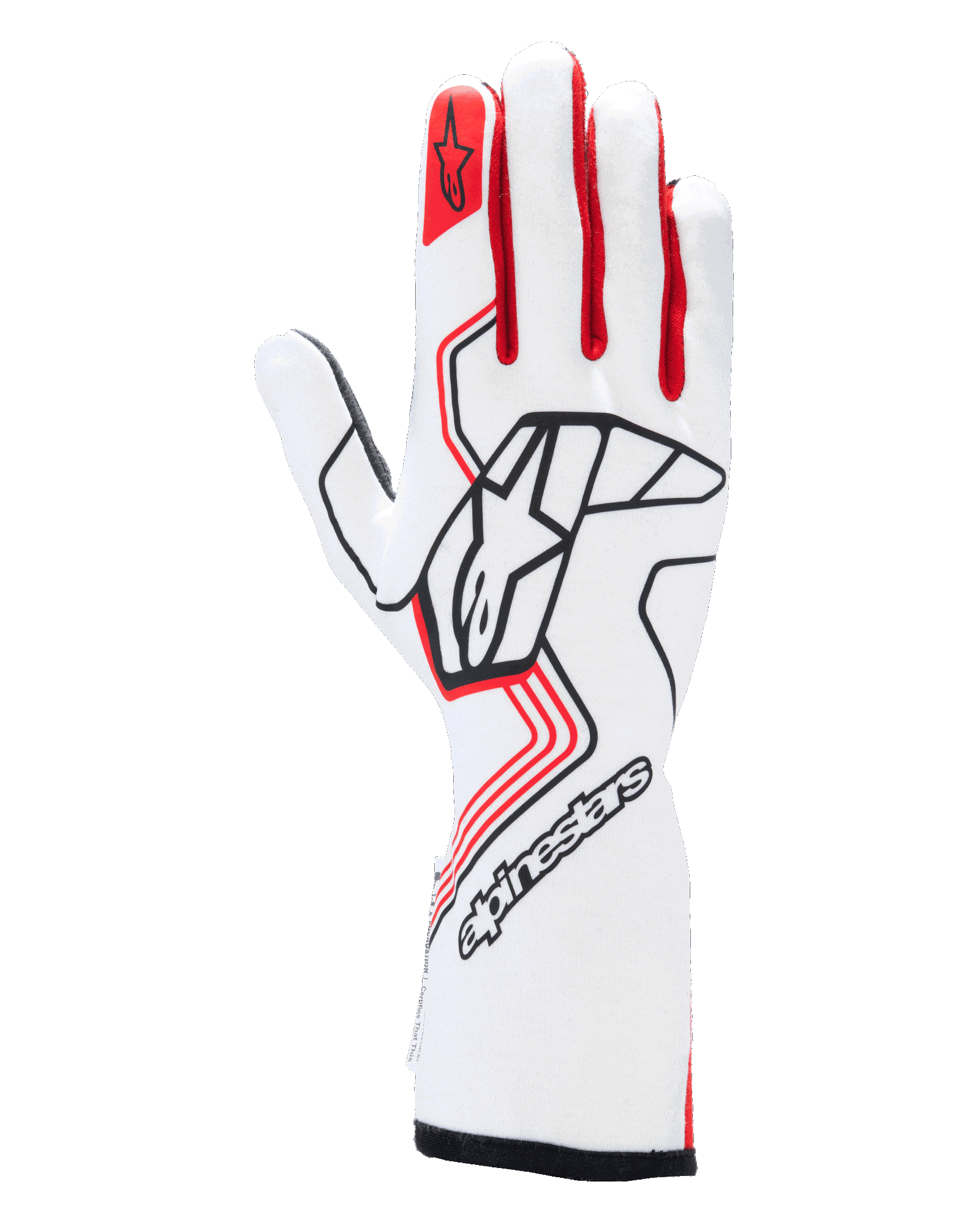 Guantes Alpinestars Tech-1 Race V4, guantes de automovilismo, blancos y rojos con detalles en negro, con un llamativo logotipo de Alpinestars en el dorso de la mano, emblema de estrella roja en el dedo índice y diseño de puño largo profesional