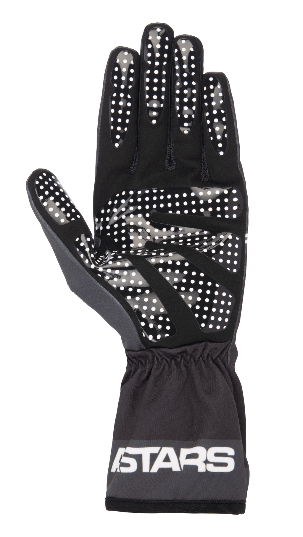 Guantes Alpinestars Tech-1 K Race V2 One Vision, negro y gris alquitrán, vista de la palma con patrón de agarre de puntos de silicona blancos, puño elástico con logotipo ASTARS, equipamiento ligero para karting