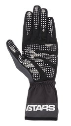 Guantes Alpinestars Tech-1 K Race V2 One Vision, negro y gris alquitrán, vista de la palma con patrón de agarre de puntos de silicona blancos, puño elástico con logotipo ASTARS, equipamiento ligero para karting
