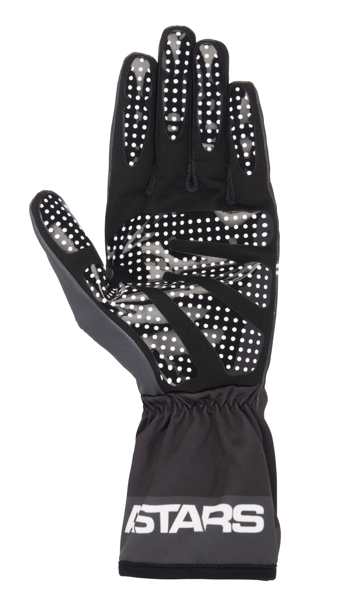 Guantes Alpinestars Tech-1 K Race V2 One Vision, negro y gris alquitrán, vista de la palma con patrón de agarre de puntos de silicona blancos, puño elástico con logotipo ASTARS, equipamiento ligero para karting