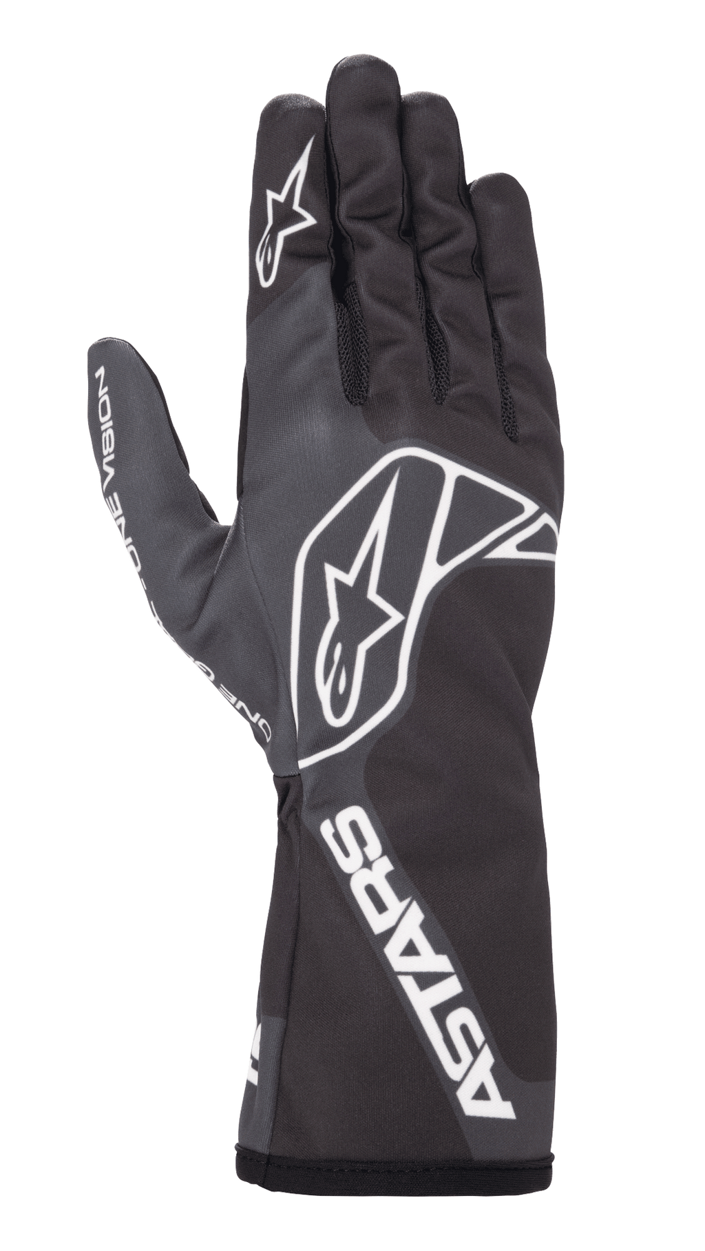 Guantes Alpinestars Tech-1 K Race V2 One Vision, guantes de karting, color negro y gris oscuro, con el logotipo de la estrella blanca en el dorso y el dedo, marca ASTARS en el puño, diseño estilizado con puño de guantelete largo