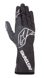 Guantes Alpinestars Tech-1 K Race V2 One Vision, guantes de karting, color negro y gris oscuro, con el logotipo de la estrella blanca en el dorso y el dedo, marca ASTARS en el puño, diseño estilizado con puño de guantelete largo
