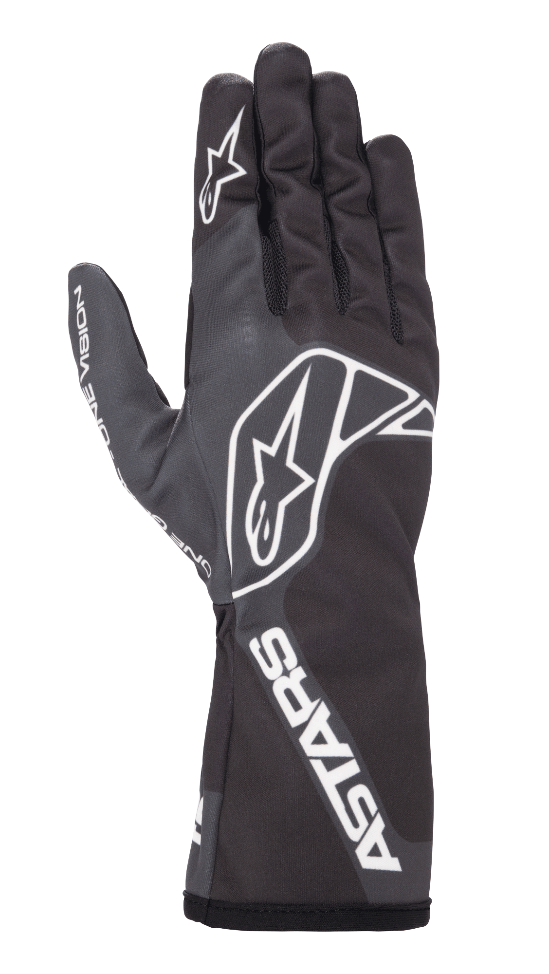 Guantes Alpinestars Tech-1 K Race V2 One Vision, guantes de karting, color negro y gris oscuro, con el logotipo de la estrella blanca en el dorso y el dedo, marca ASTARS en el puño, diseño estilizado con puño de guantelete largo
