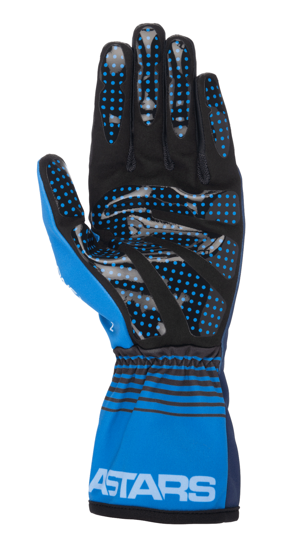 Guantes Alpinestars Tech-1 K Race V2 Future, guantes de karting, azul marino y azul claro, vista de la palma con ante sintético negro y puntos de agarre de silicona azul, puño elástico con rayas horizontales negras y logotipo ASTARS en blanco