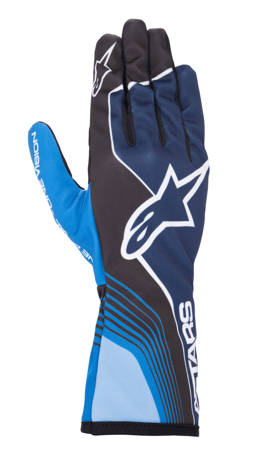 Alpinestars Tech-1 K Race V2 Future Gloves, guantes de karting, azul marino y azul claro con detalles en negro, con un gran logotipo de estrella blanca, líneas curvas dinámicas, secciones de malla en los dedos y un diseño deportivo con marca en blanco