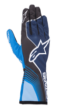 Alpinestars Tech-1 K Race V2 Future Gloves, guantes de karting, azul marino y azul claro con detalles en negro, con un gran logotipo de estrella blanca, líneas curvas dinámicas, secciones de malla en los dedos y un diseño deportivo con marca en blanco