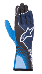 Alpinestars Tech-1 K Race V2 Future Gloves, guantes de karting, azul marino y azul claro con detalles en negro, con un gran logotipo de estrella blanca, líneas curvas dinámicas, secciones de malla en los dedos y un diseño deportivo con marca en blanco