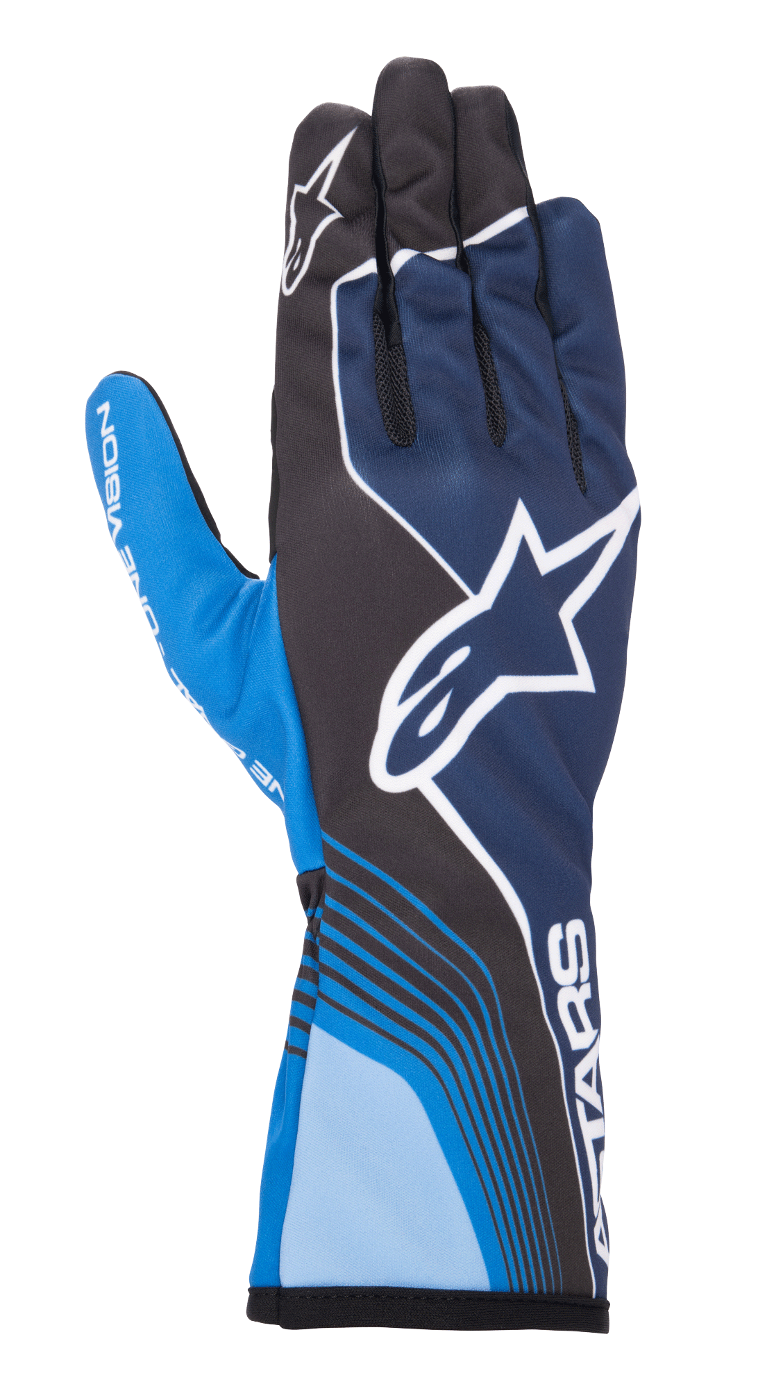 Alpinestars Tech-1 K Race V2 Future Gloves, guantes de karting, azul marino y azul claro con detalles en negro, con un gran logotipo de estrella blanca, líneas curvas dinámicas, secciones de malla en los dedos y un diseño deportivo con marca en blanco