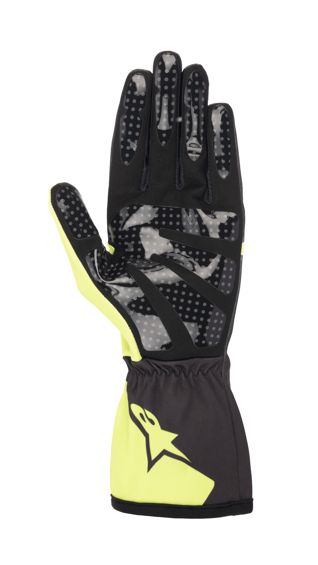Guantes Alpinestars Youth Tech-1 K Race S V2 Corporate, guantes de karting para jóvenes, color antracita y lima, vista de la palma con estampado de silicona con puntos para el agarre, palma de gamuza sintética y puño elástico con el logo de Alpinestars