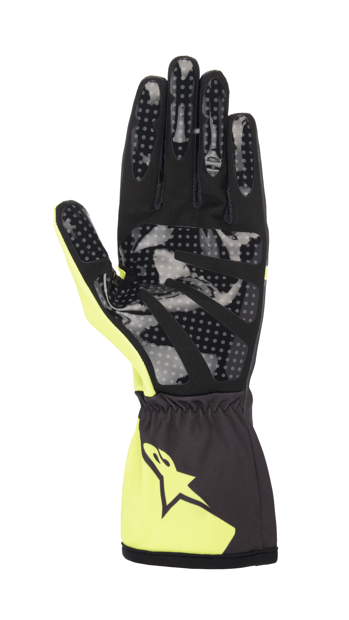 Guantes Alpinestars Youth Tech-1 K Race S V2 Corporate, guantes de karting para jóvenes, color antracita y lima, vista de la palma con estampado de silicona con puntos para el agarre, palma de gamuza sintética y puño elástico con el logo de Alpinestars