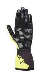 Guantes Alpinestars Youth Tech-1 K Race S V2 Corporate, guantes de karting para jóvenes, color antracita y lima, vista de la palma con estampado de silicona con puntos para el agarre, palma de gamuza sintética y puño elástico con el logo de Alpinestars
