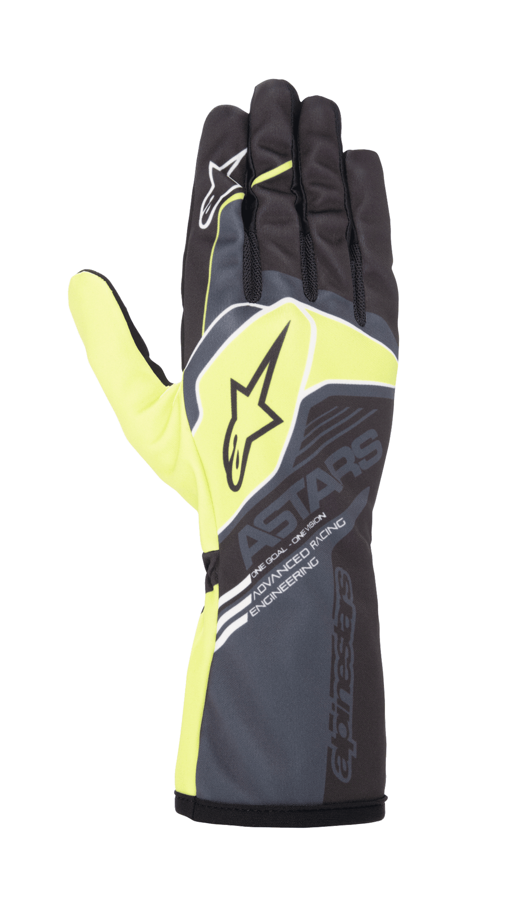 Guantes Alpinestars Youth Tech-1 K Race S V2 Corporate, guantes de carreras de karting, antracita y verde lima, con logotipos de estrella y la marca 'ASTARS', puño largo con el texto 'Advanced Racing Engineering', diseño de competición para pilotos jóvenes