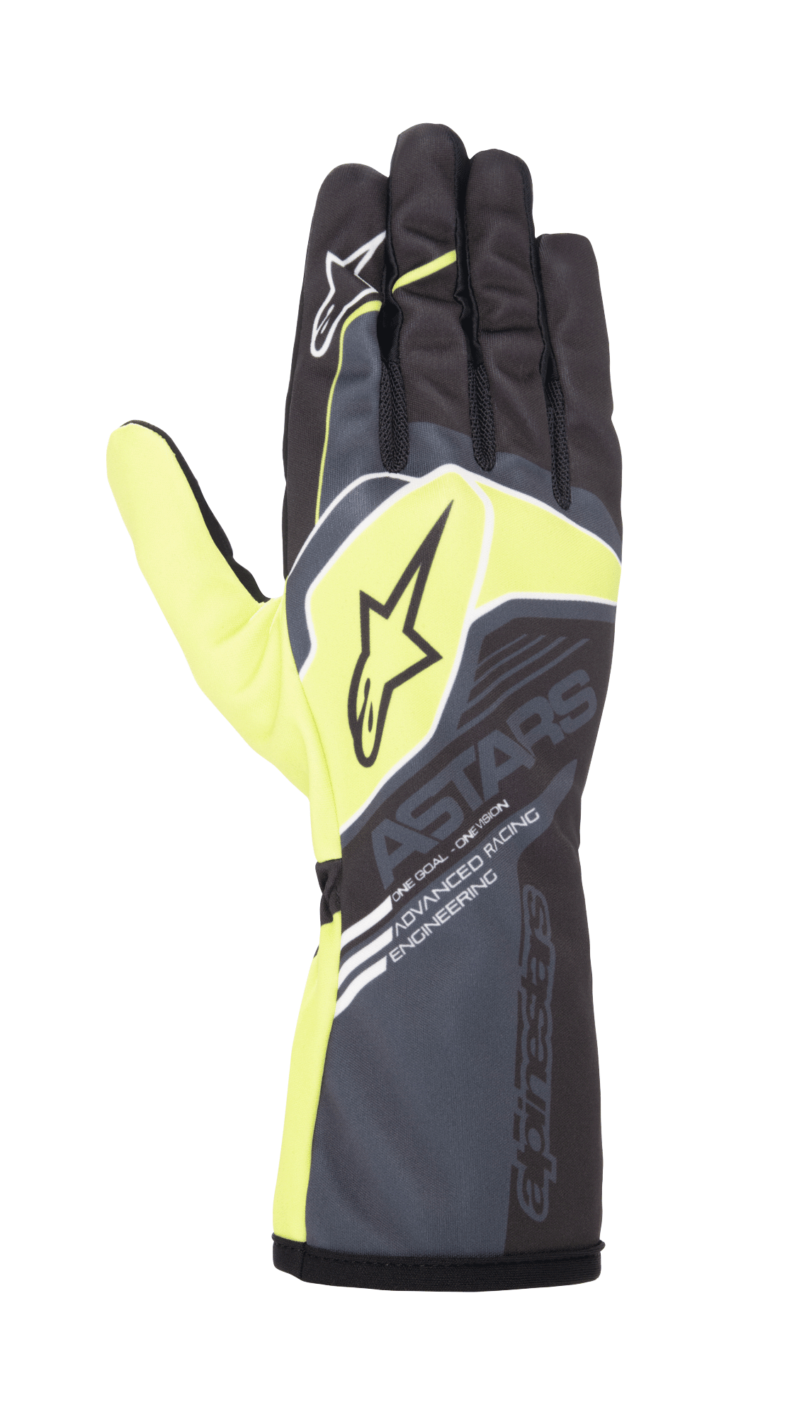 Guantes Alpinestars Youth Tech-1 K Race S V2 Corporate, guantes de carreras de karting, antracita y verde lima, con logotipos de estrella y la marca 'ASTARS', puño largo con el texto 'Advanced Racing Engineering', diseño de competición para pilotos jóvenes