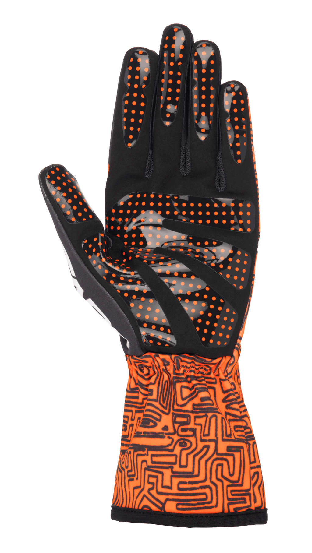 Guantes Alpinestars Tech-1 K Race V2 Vertical, guantes de karting, color naranja flúor y negro, vista de la palma en gamuza sintética negra con agarre de puntos de silicona naranja, puño largo con un intrincado patrón gráfico negro, diseñados para un control preciso en el karting
