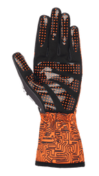 Guantes Alpinestars Tech-1 K Race V2 Vertical, guantes de karting, color naranja flúor y negro, vista de la palma en gamuza sintética negra con agarre de puntos de silicona naranja, puño largo con un intrincado patrón gráfico negro, diseñados para un control preciso en el karting
