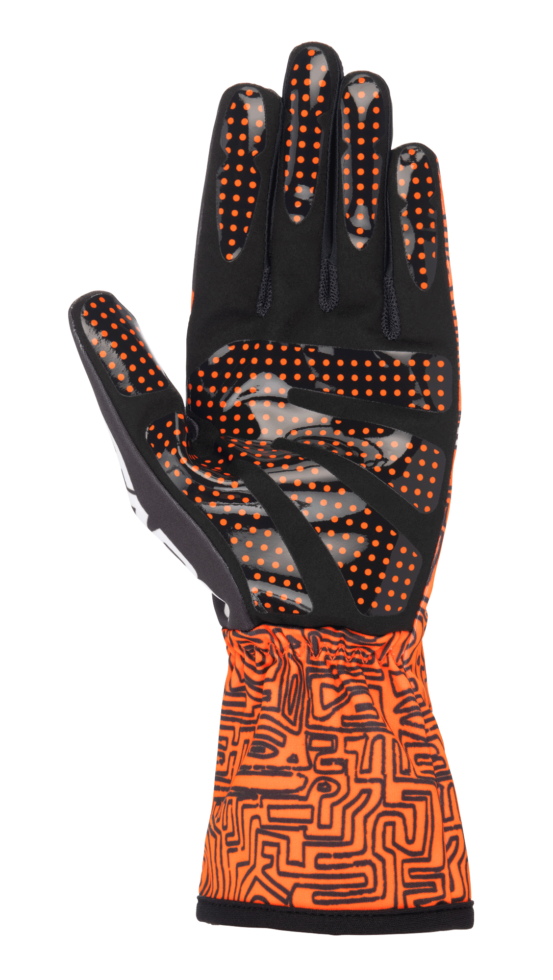Guantes Alpinestars Tech-1 K Race V2 Vertical, guantes de karting, color naranja flúor y negro, vista de la palma en gamuza sintética negra con agarre de puntos de silicona naranja, puño largo con un intrincado patrón gráfico negro, diseñados para un control preciso en el karting