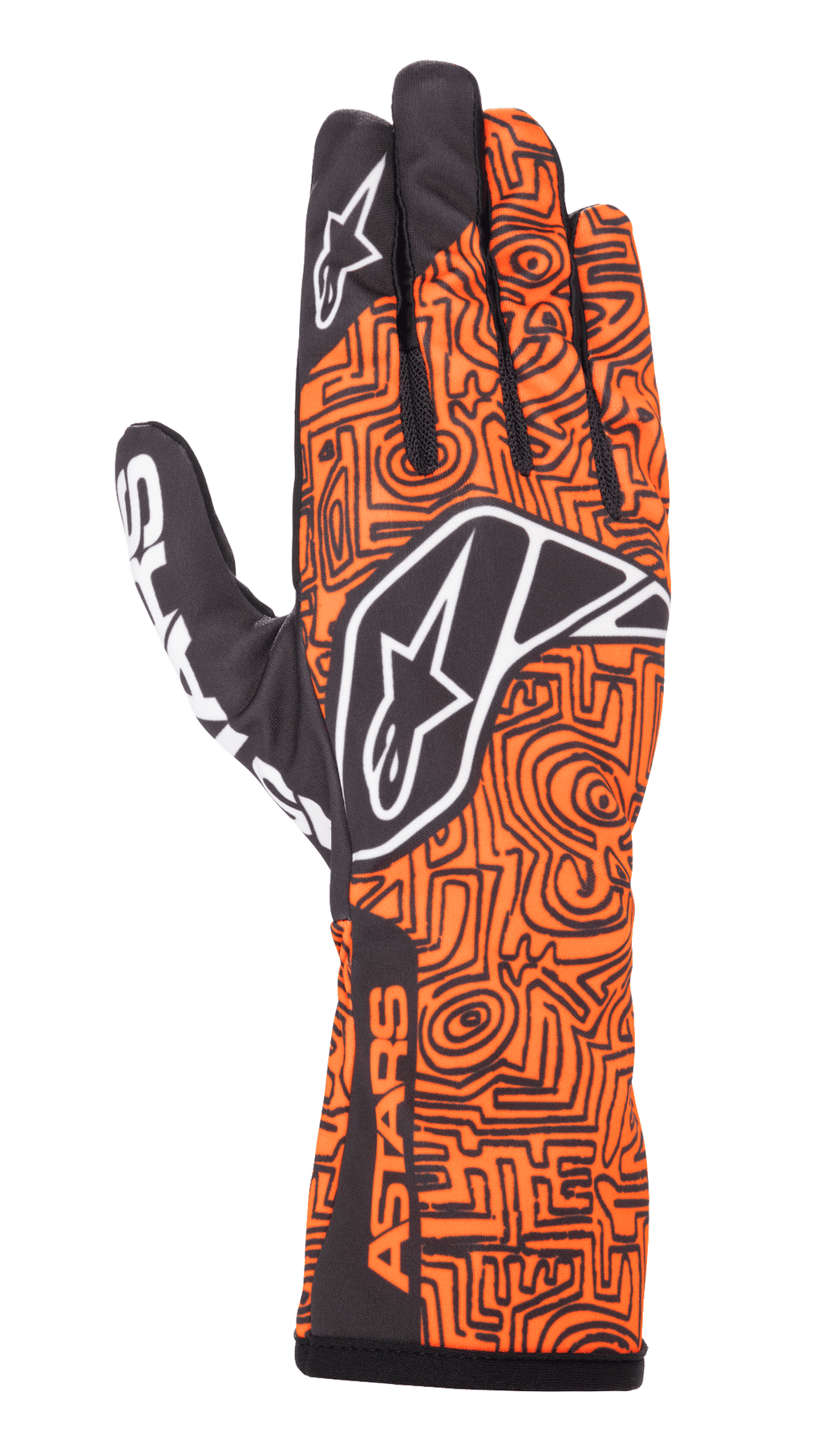 Guantes Alpinestars Tech-1 K Race V2 Vertical, guantes de carreras para karting, naranja flúor y negro, con un intrincado patrón geométrico negro tipo laberinto, logotipo de Alpinestars blanco en el dorso y en el dedo índice, marca ASTARS en el lateral de la muñeca, diseño de malla ligera y transpirable
