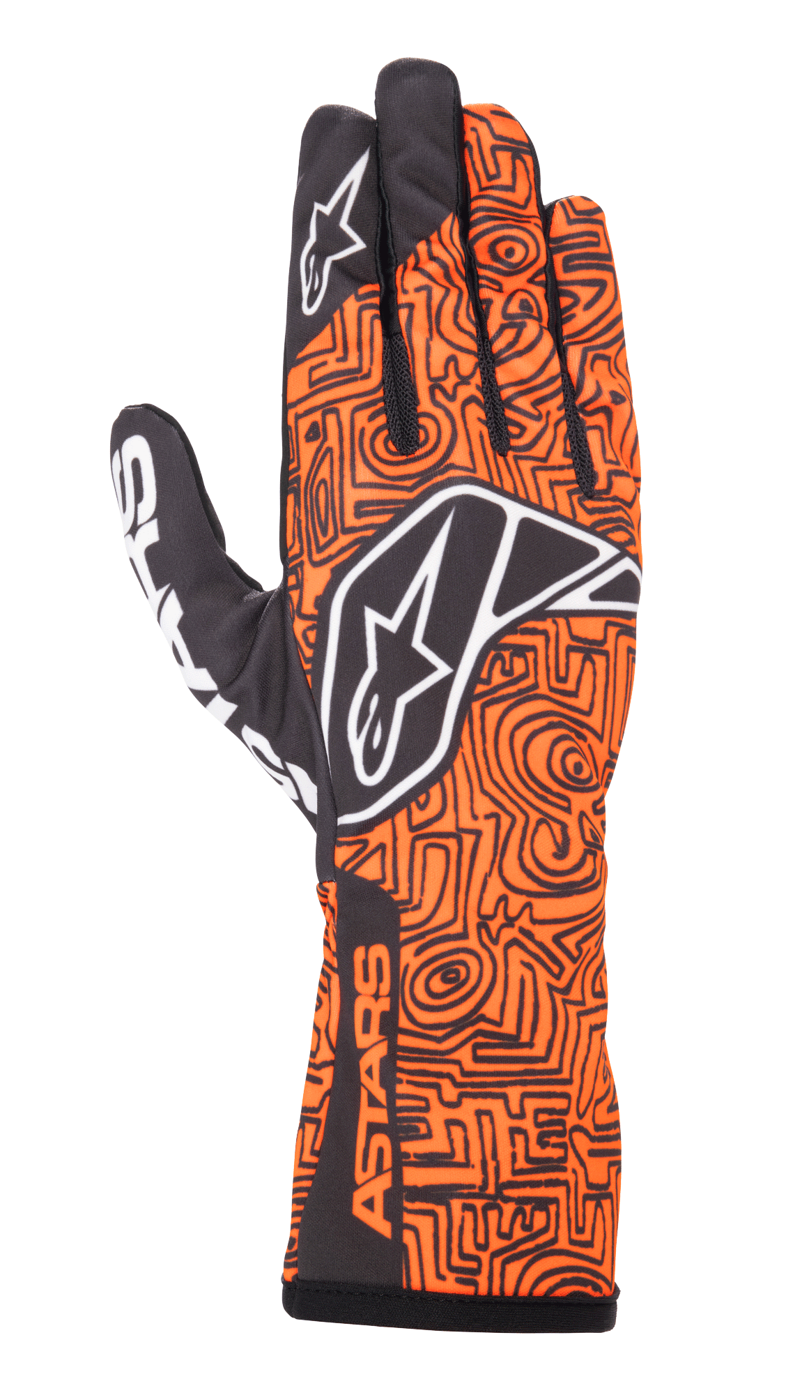 Guantes Alpinestars Tech-1 K Race V2 Vertical, guantes de carreras para karting, naranja flúor y negro, con un intrincado patrón geométrico negro tipo laberinto, logotipo de Alpinestars blanco en el dorso y en el dedo índice, marca ASTARS en el lateral de la muñeca, diseño de malla ligera y transpirable
