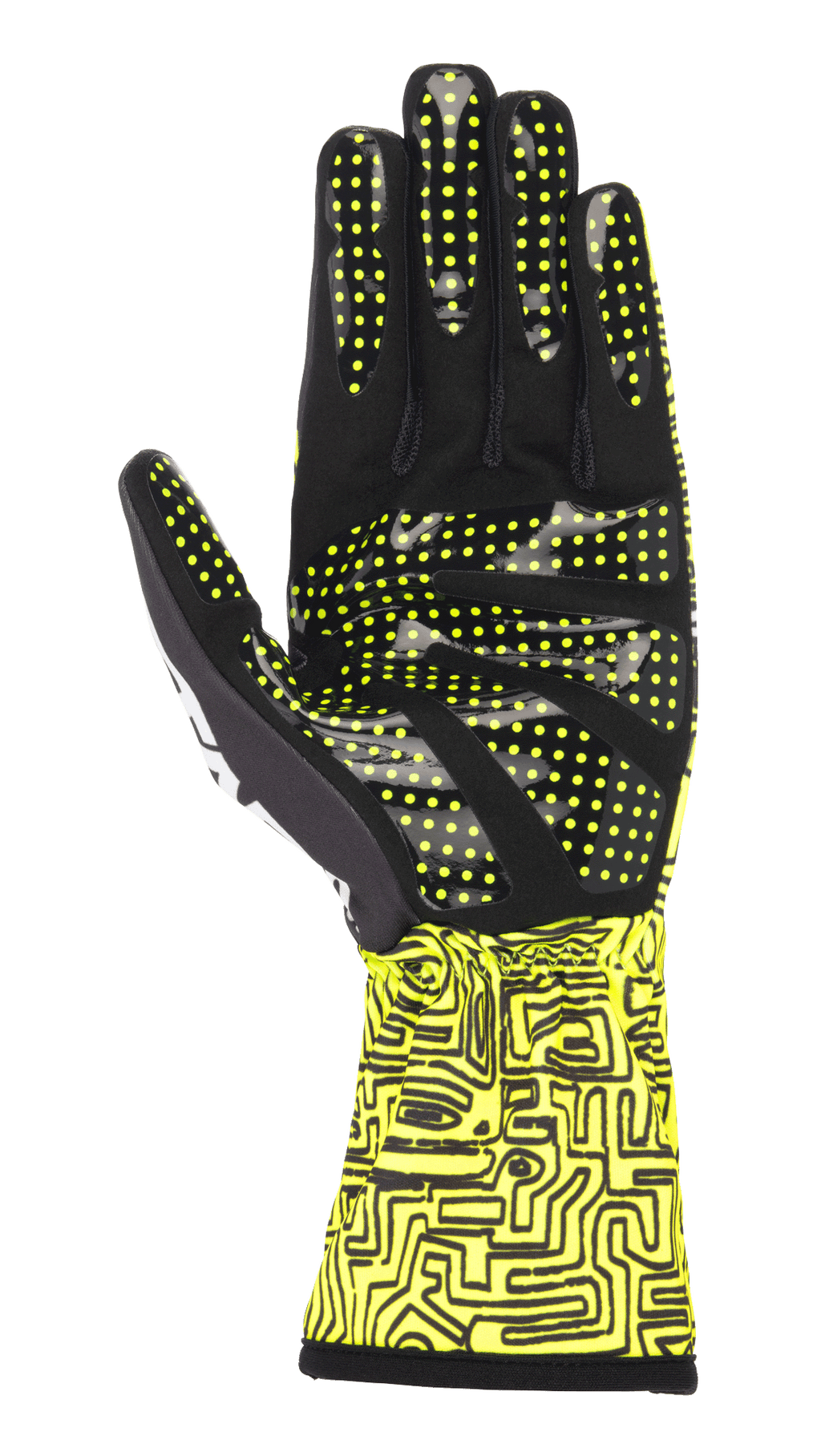 Guantes Alpinestars Tech-1 K Race V2 Vertical, amarillo fluorescente y negro, vista de la palma con detalle de patrón de agarre de silicona y puntos amarillos, puño con impresión digital abstracta, diseño de guante especializado para karting