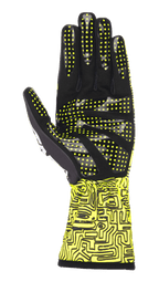 Guantes Alpinestars Tech-1 K Race V2 Vertical, amarillo fluorescente y negro, vista de la palma con detalle de patrón de agarre de silicona y puntos amarillos, puño con impresión digital abstracta, diseño de guante especializado para karting