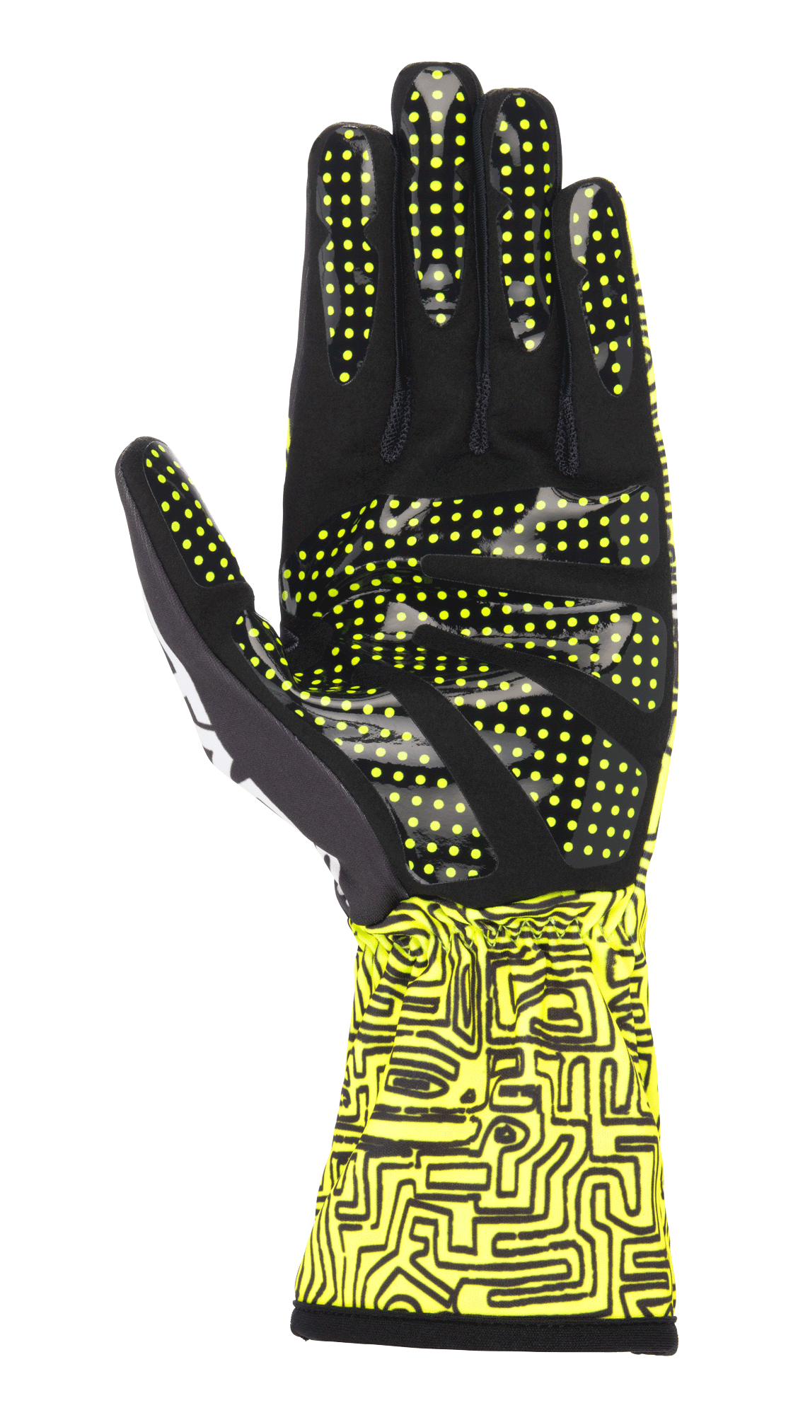 Guantes Alpinestars Tech-1 K Race V2 Vertical, amarillo fluorescente y negro, vista de la palma con detalle de patrón de agarre de silicona y puntos amarillos, puño con impresión digital abstracta, diseño de guante especializado para karting