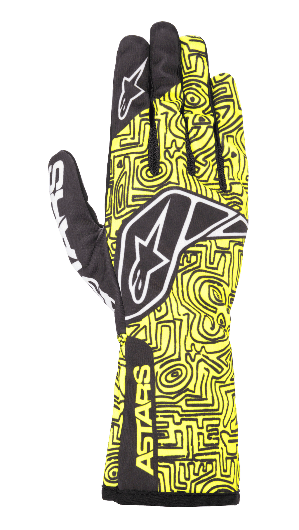 Guantes Alpinestars Tech-1 K Race V2 Vertical, guantes de karting, amarillo flúor y negro, con logotipo de estrella blanca, intrincado patrón de líneas abstractas y marca ASTARS en el puño, diseño ligero para alto rendimiento en automovilismo