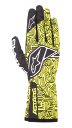Guantes Alpinestars Tech-1 K Race V2 Vertical, guantes de karting, amarillo flúor y negro, con logotipo de estrella blanca, intrincado patrón de líneas abstractas y marca ASTARS en el puño, diseño ligero para alto rendimiento en automovilismo