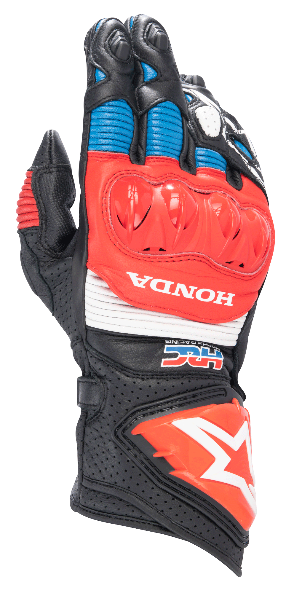 Guantes Alpinestars Honda GP Pro R3, guantes de caña larga para carreras de moto, negros con detalles en rojo brillante y azul, con protector de nudillos rígido DFS rojo, logotipos blancos de HONDA y HRC, cuero perforado con paneles de acordeón y el logotipo de la estrella de Alpinestars en el puño