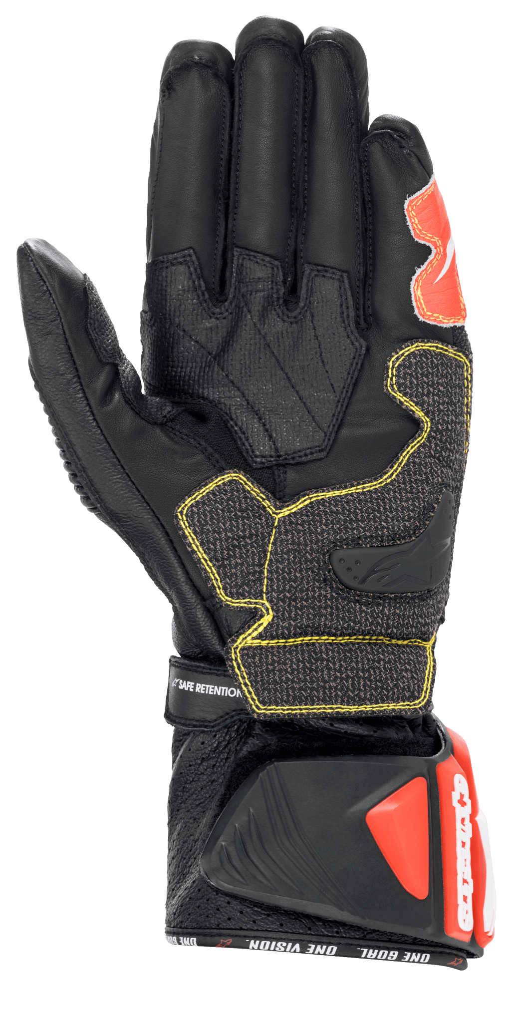 Alpinestars GP Tech V2 Gloves, Black White and Red Fluo, Palm View showing black leather construction with yellow contrast stitching, protective DFS cuff with red accents, professional racing motorcycle gear