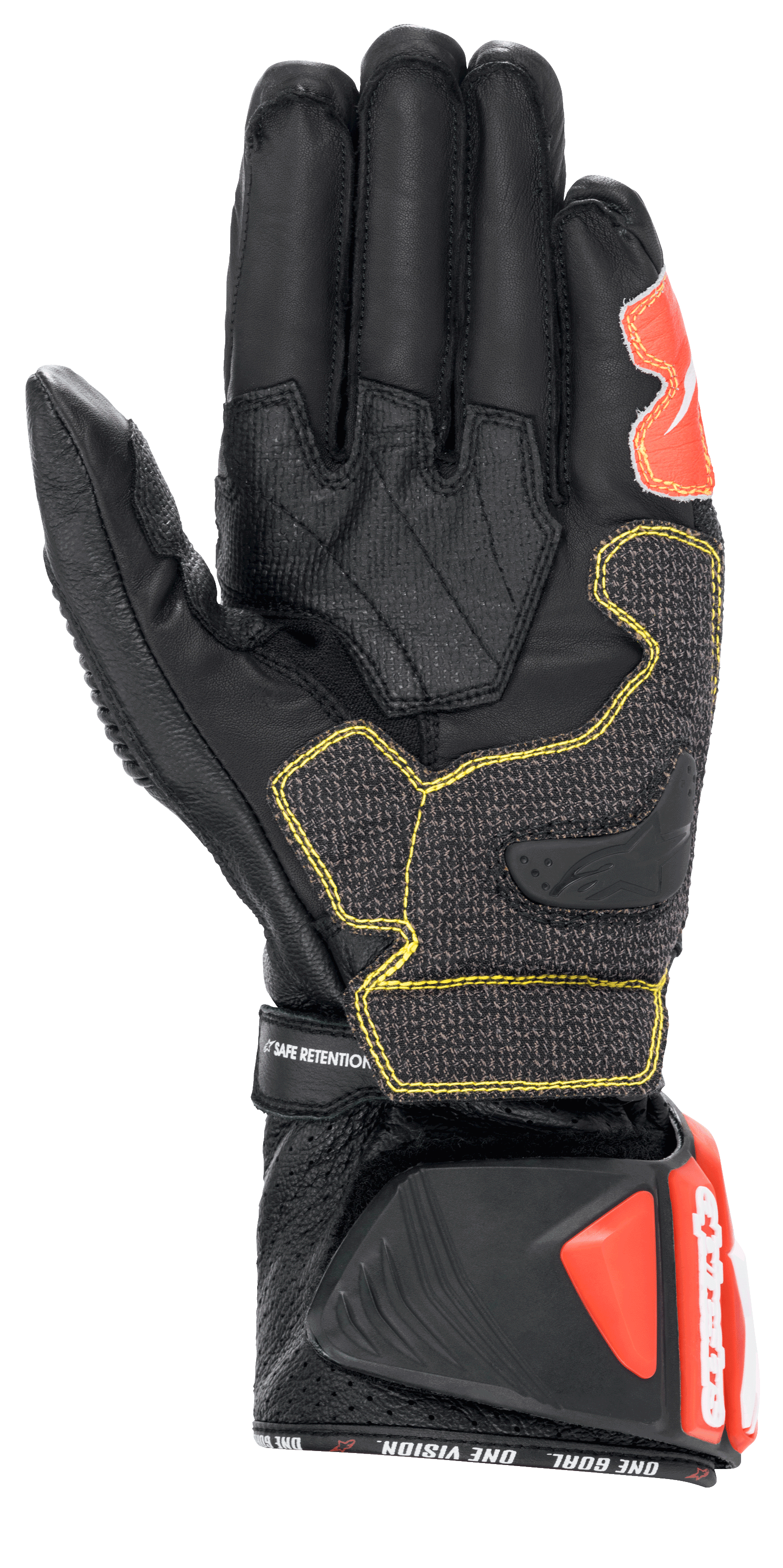 Alpinestars GP Tech V2 Gloves, Black White and Red Fluo, Palm View showing black leather construction with yellow contrast stitching, protective DFS cuff with red accents, professional racing motorcycle gear
