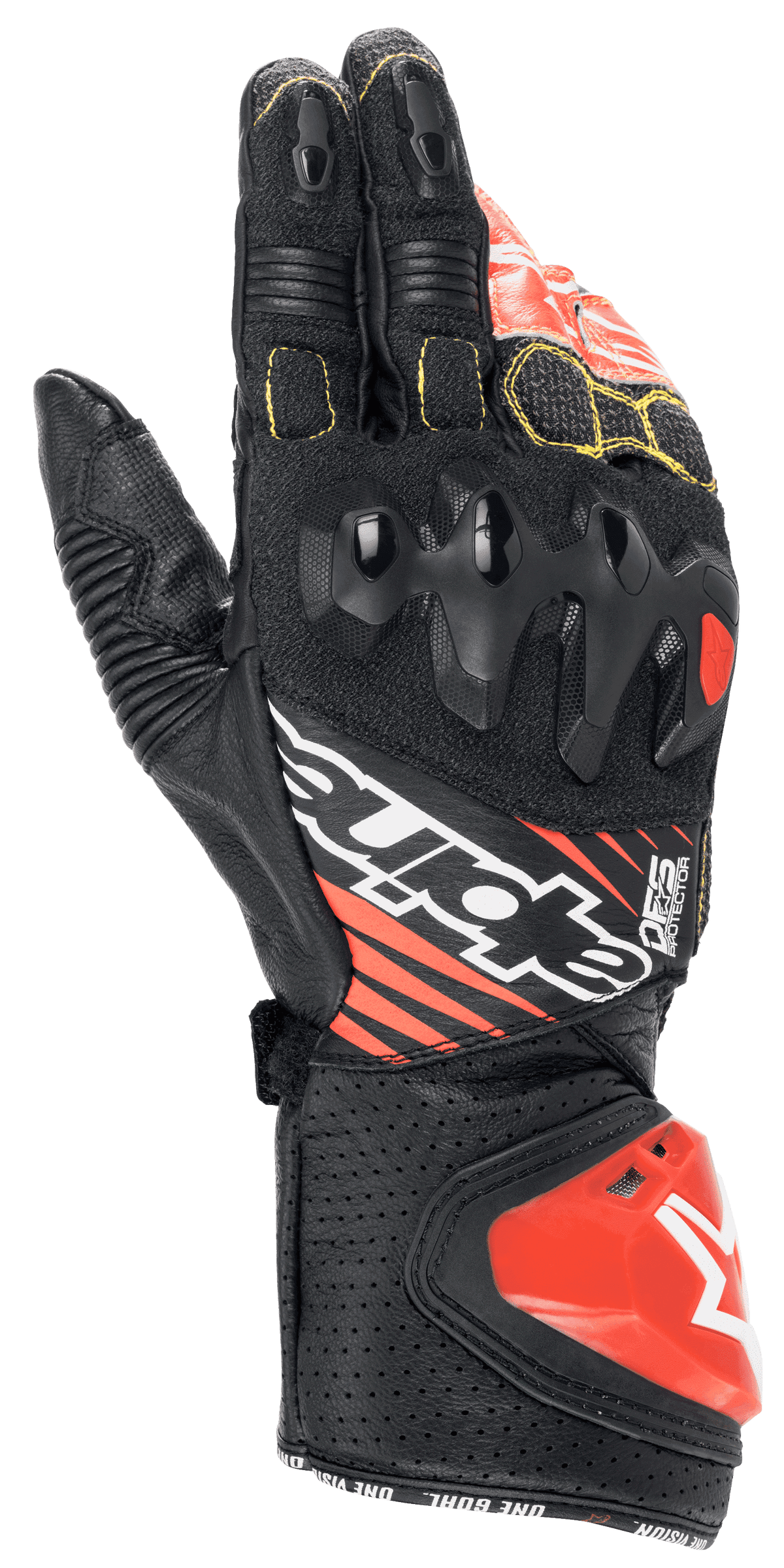 Guantes Alpinestars GP Tech V2, guantes de motociclismo para carreras, negro, blanco y rojo flúor, con protector de nudillos de doble densidad, cuero perforado con costuras amarillas, deslizador de impacto DFS rojo en el puño, diseño de carreras profesional