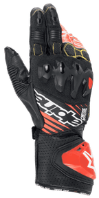 Alpinestars GP Tech V2 Gloves, Motorcycle Racing Gloves, Black White and Red Fluo, featuring dual-density knuckle protector, perforated leather with yellow stitching, red DFS cuff impact slider, professional racing design