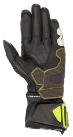 Guantes Alpinestars GP Tech V2, negro y amarillo flúor, vista de la palma con construcción en cuero de canguro, paneles de agarre reforzados con costuras amarillas, puño ergonómico con protectores amarillo flúor y correa 'SAFE RETENTION', equipamiento profesional para carreras de motos