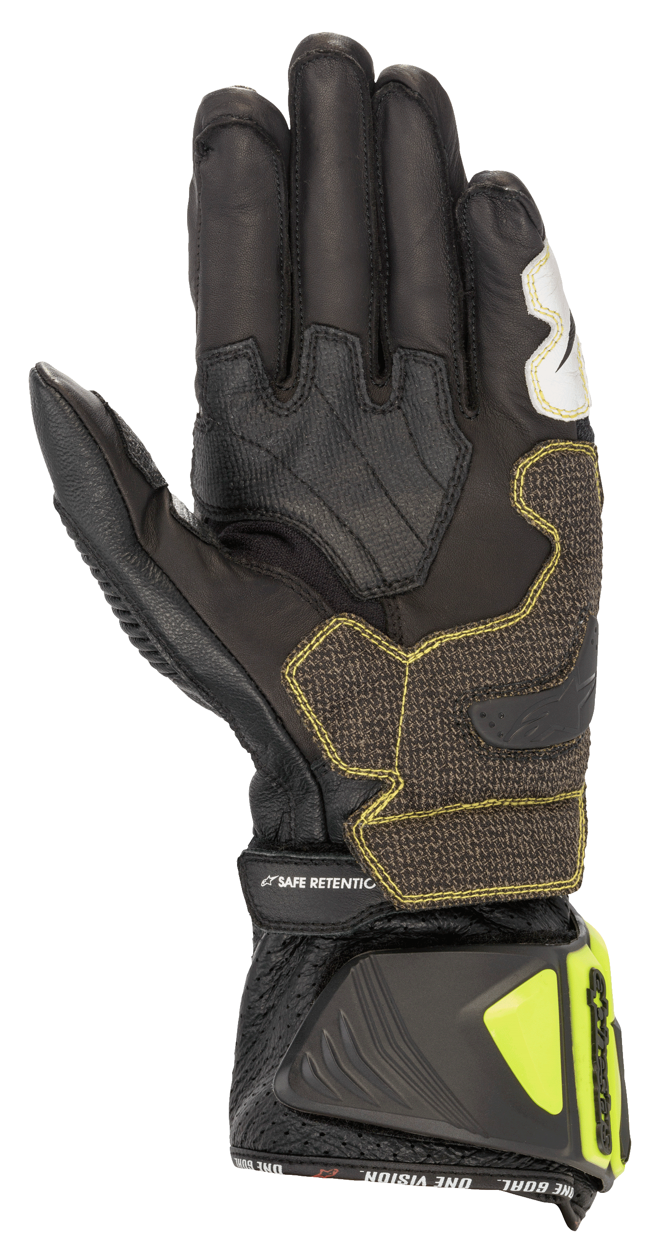Guantes Alpinestars GP Tech V2, negro y amarillo flúor, vista de la palma con construcción en cuero de canguro, paneles de agarre reforzados con costuras amarillas, puño ergonómico con protectores amarillo flúor y correa 'SAFE RETENTION', equipamiento profesional para carreras de motos