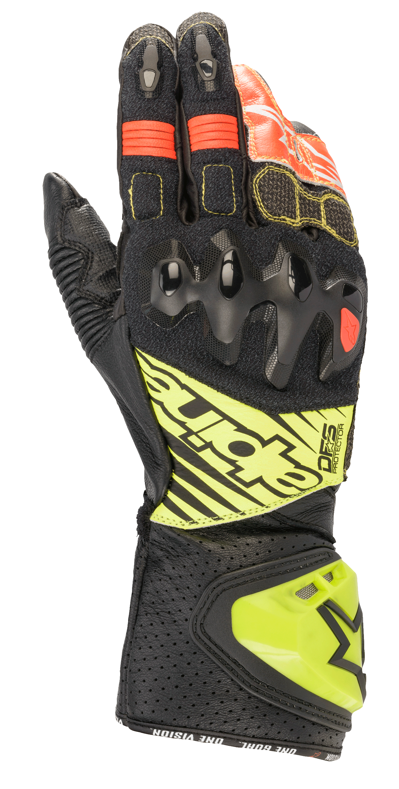 Alpinestars GP Tech V2, guantes de moto para carreras, negros con detalles en amarillo flúor y rojo, con protección rígida en los nudillos, puño de cuero perforado con logotipo DFS y paneles elásticos de acordeón para una flexibilidad óptima.