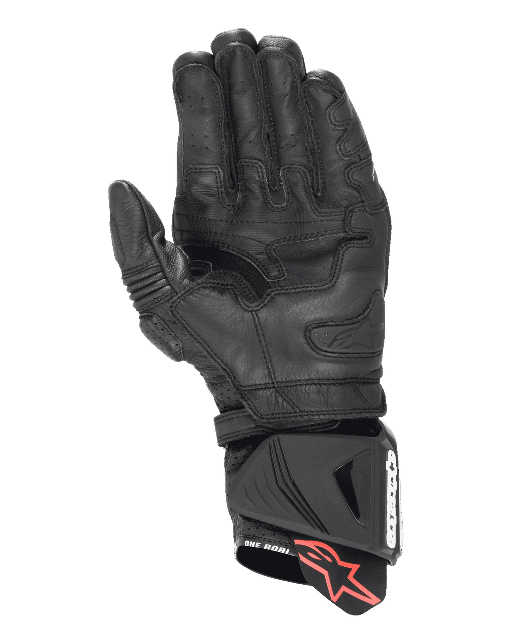 Guantes Alpinestars GP Pro R4, guantes de competición de caña larga, negros, vista de la palma que muestra la construcción de cuero reforzado, detalles de dedos perforados y protector de puño DFS con tirador con el logo de la estrella roja